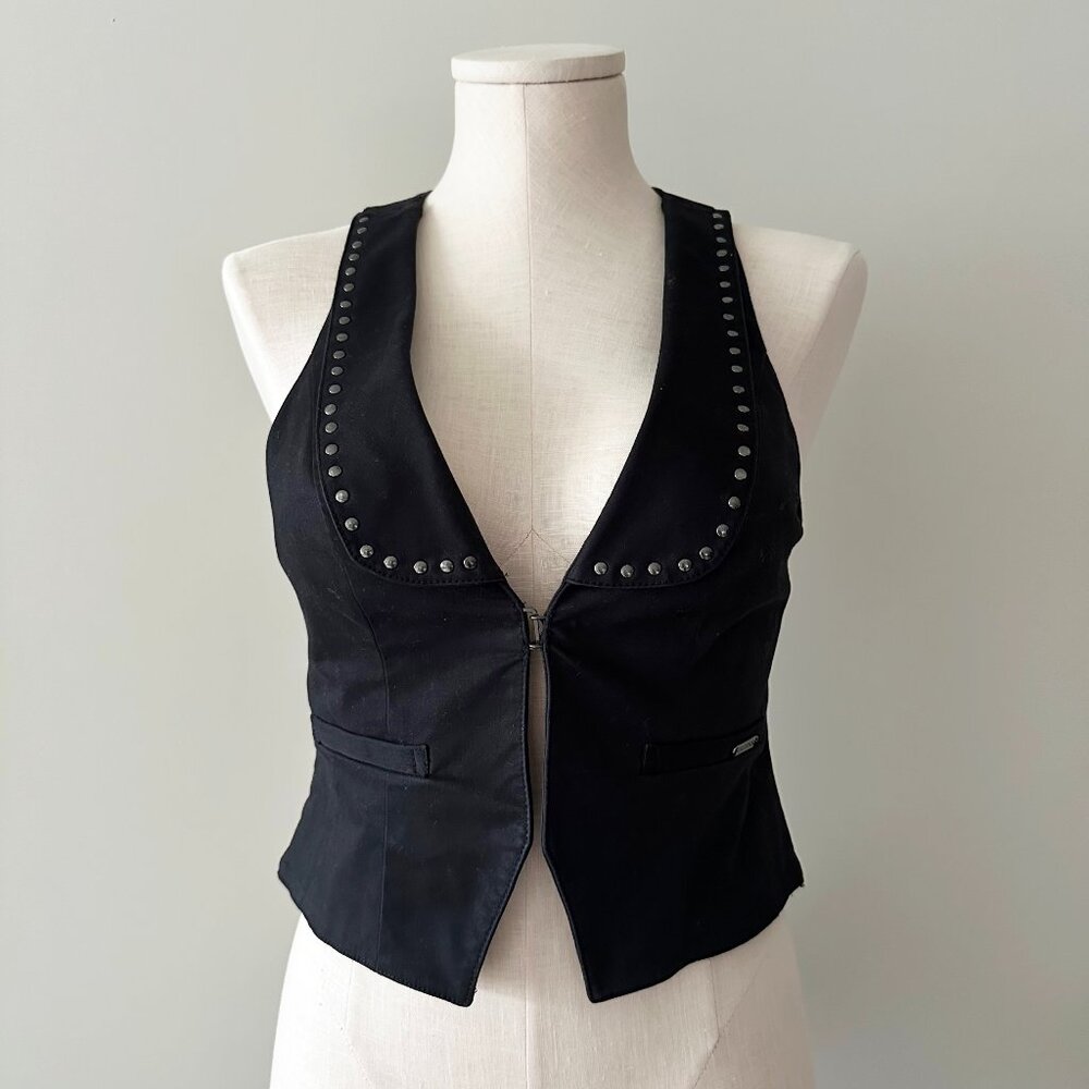 Guess Cropped Vest Womens Size Small Black Grommet Detail Front Hook Closure - Picture 1 of 7